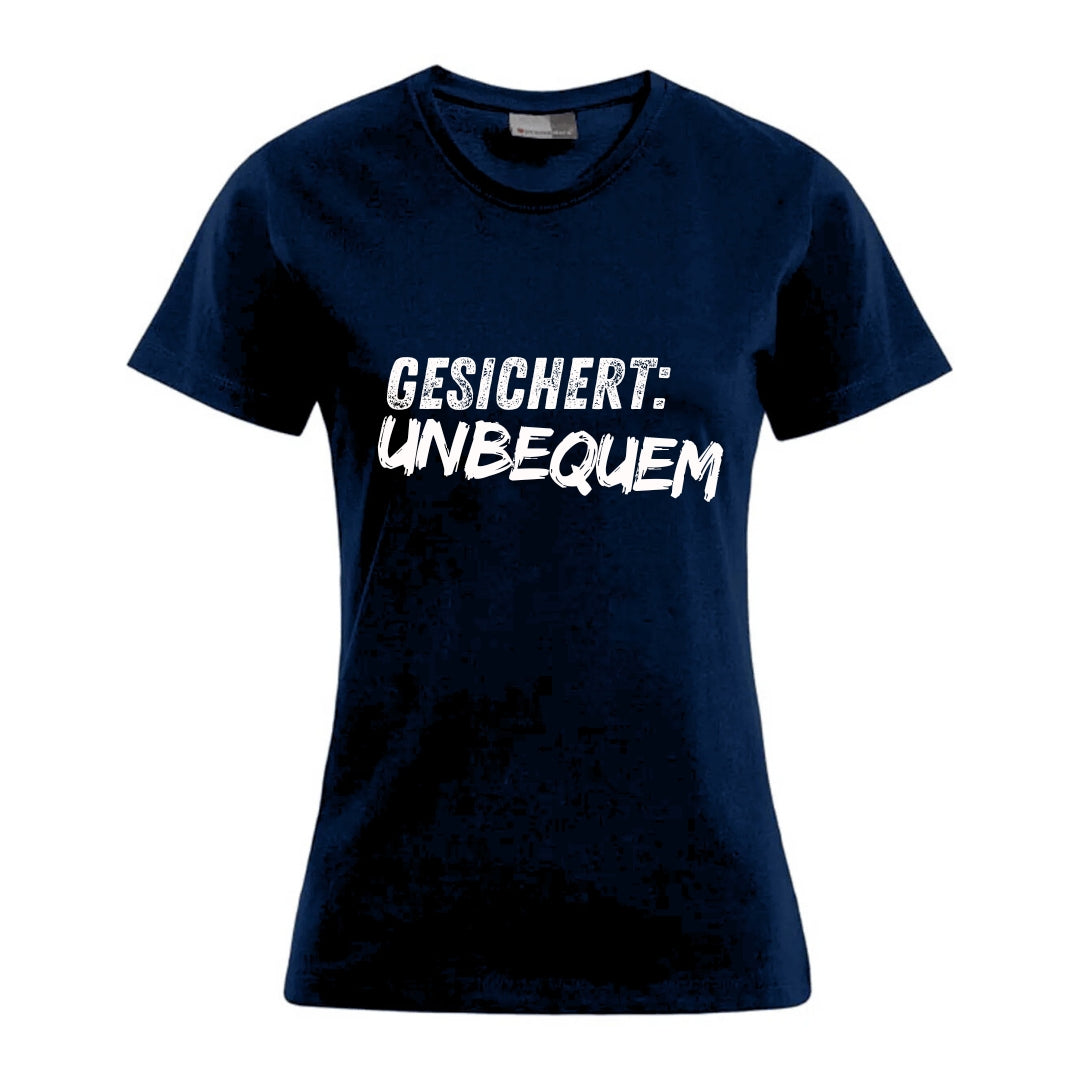 T-Shirt Premium Damen "GESICHERT: UNBEQUEM" - navy - Uwe Steimle