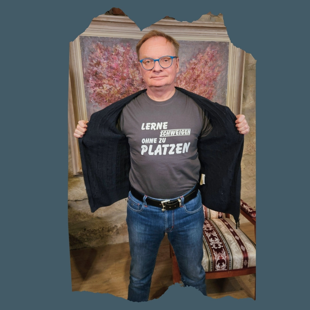 T-Shirt "LERNE SCHWEIGEN OHNE ZU PLATZEN" - Dunkelgrau - Uwe Steimle